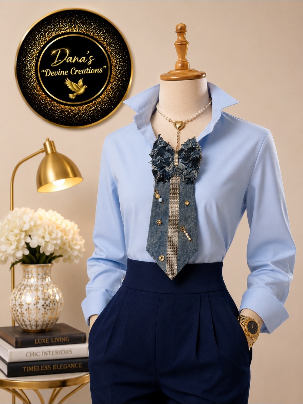 Denim Embellished Necktie with Rhinestone Center Trim